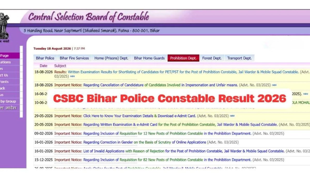 CSBC Bihar Police Special Branch Result 2026